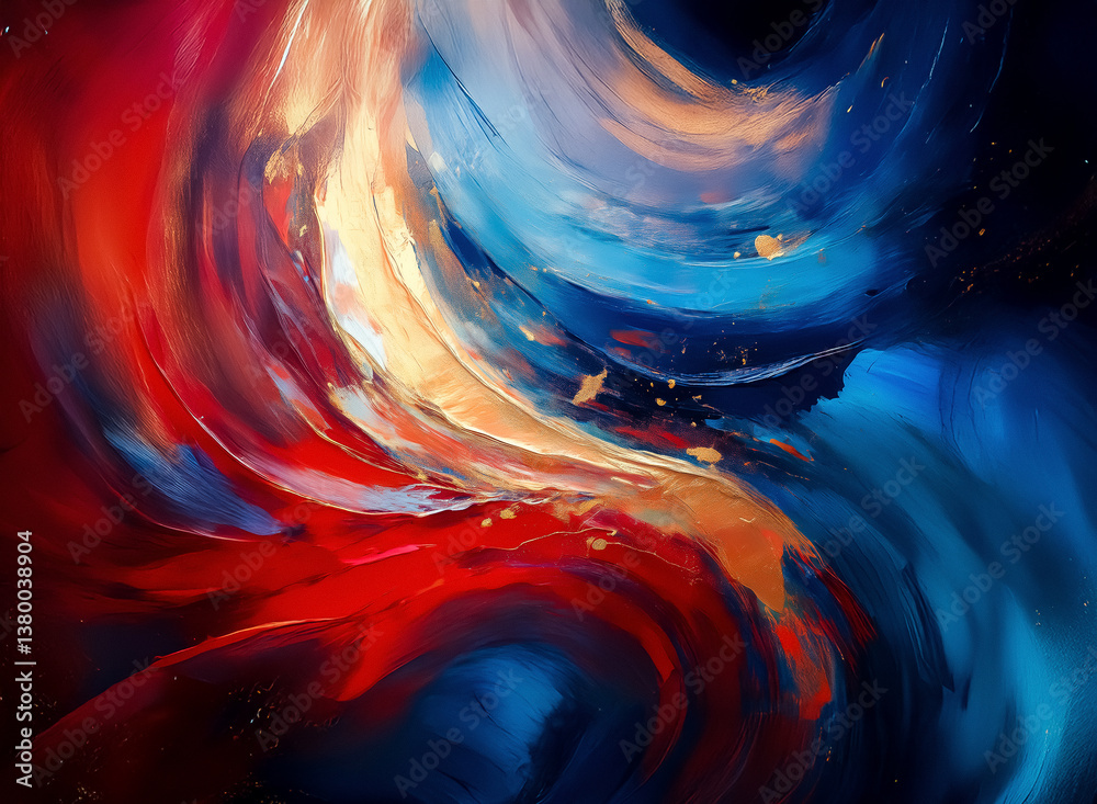 Aufkleber an abstract painting with vibrant, flowing colors: red, blue, and gold. it depicts dynamic movement 