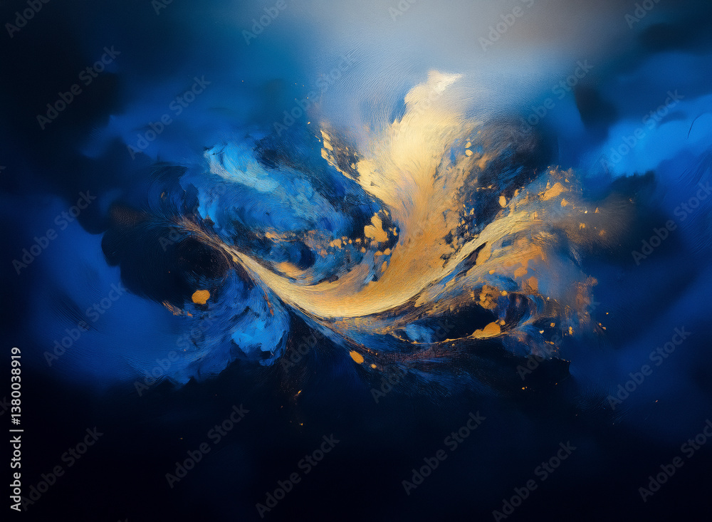 Leinwandbilder Abstract painting, blending of deep blues and golden hues creating dynamic, cloudy forms. Hints of depth and movement evoke cosmic imagery.