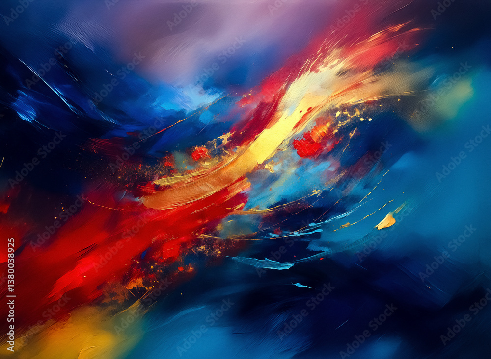 Aufkleber Image depicts a vibrant, abstract art composition. Hints of swirling colors create an energetic feeling. A mix of color fields and paint splatters make the piece dynamic and chaotic.