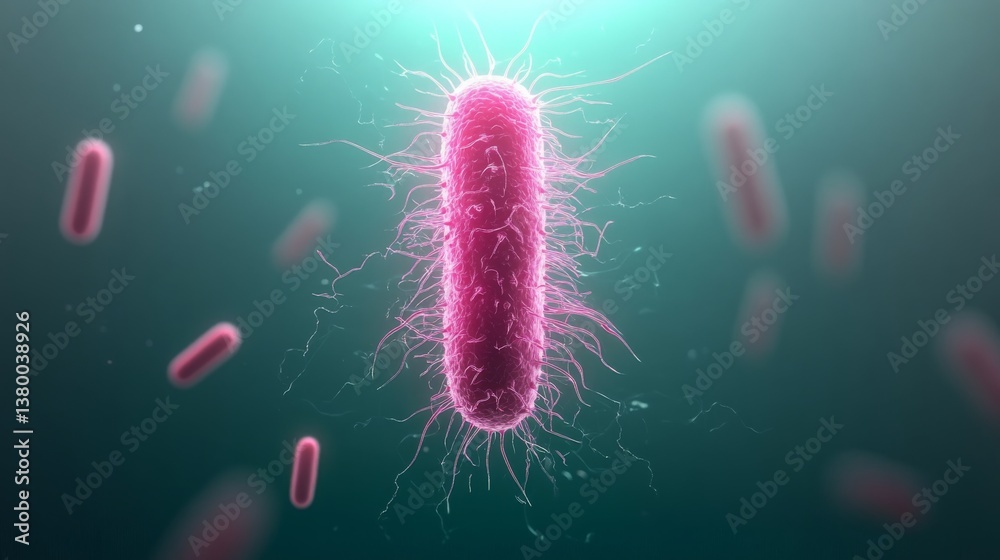 Poster a bacterium is presented with detailed cell features, surrounded by glowing symbols of antibiotic re