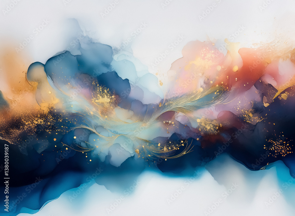 Poster abstract artwork with a blend of vibrant colors, hints of gold, and flowing shapes reminiscent of in