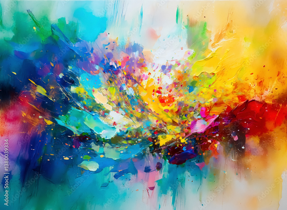 Poster An abstract watercolor painting. It is bursting with a vibrant array of colors. The artwork displays a mix of splashes, and blends, depicting a sense of energy and visual interest.
