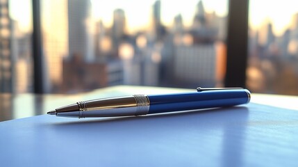 Pen resting on paper atop desk, city skyline view background from window