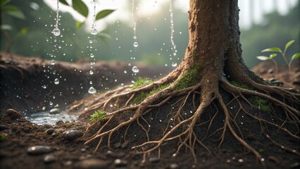 Obraz premium A close-up of a tree trunk and roots emerging from the earth with raindrops, showcasing growth and nature. 
