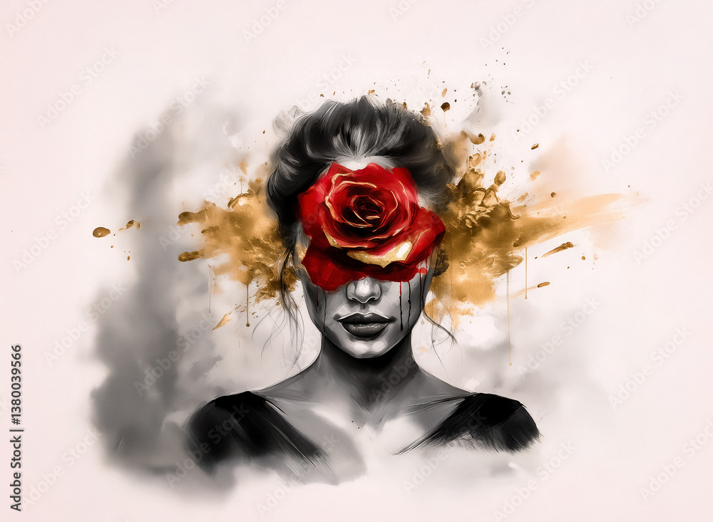 Aufkleber an artistic portrait of a person with a rose covering the face, hinting at hidden emotions and myste