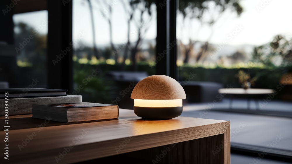 Fototapete Warm light radiates from a minimalist wooden dome lamp on a bedside table, creating an inviting atmosphere alongside a stack of books in a tranquil environment