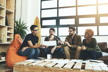 Business people, documents and discussion in lounge at startup for SEO with charts, stats and info....