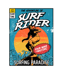 Surf Rider Adventure – Retro Surfing Poster with Wave and Sunset