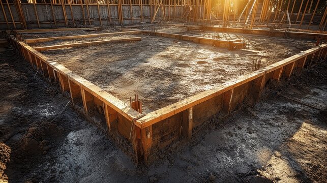 Construction site with concrete foundation at sunrise in urban area