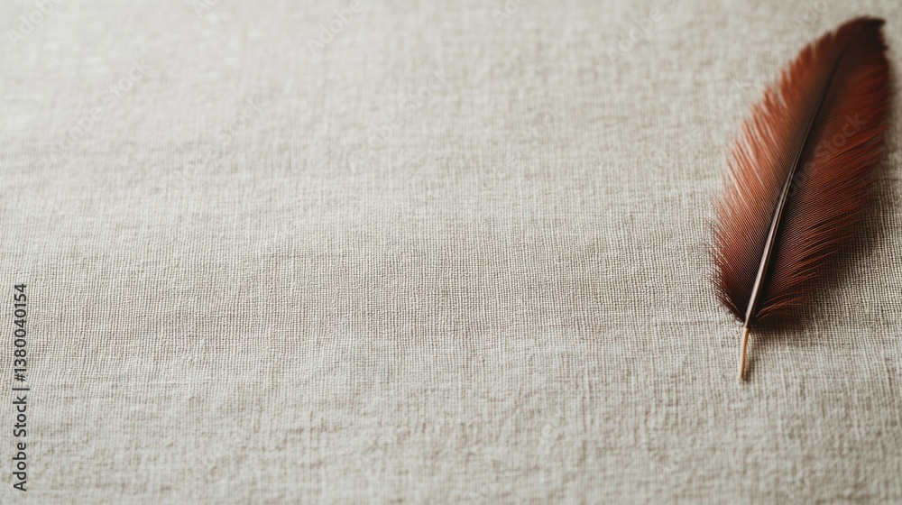 Poster A single bird feather with fine details of its barbs and rachis lies on soft cream-colored linen, creating a serene and elegant composition with ample copy space