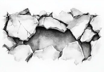 Breached Wall: A dramatic monochrome illustration depicts a section of a wall violently breached, showcasing shattered remnants and a deep, shadowed void.