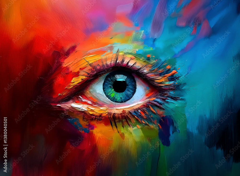 Poster vibrant eye gazes from a canvas of bold brushstrokes, bursting with rainbow hues. an artistic expres