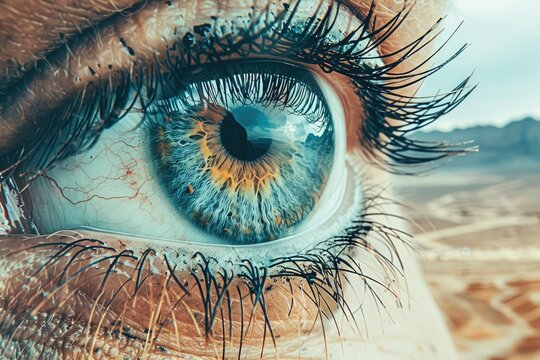 A close up photograph reveals a human eye with landscape reflection