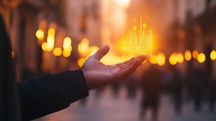 Businessman’s hand hovers over a holographic interface with dynamic graphs, set against a blurred city scene during early evening