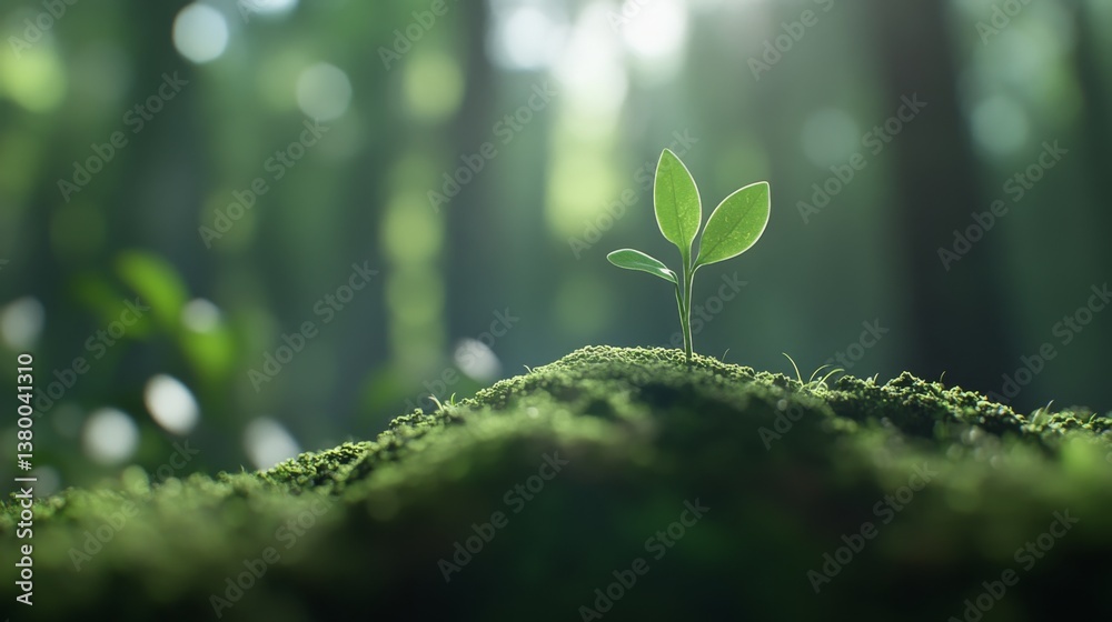 Poster A small flower grows from a moss-covered rock in a shaded area of the forest, surrounded by lush greenery and illuminated by soft sunlight filtering through trees