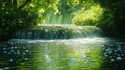 Serene forest waterfall with sunlight reflections and lush green foliage