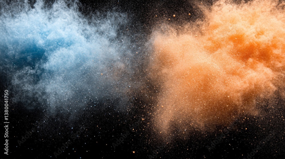 Poster bright particles in shades of blue and orange float in mid-air, illuminated by dynamic lighting that