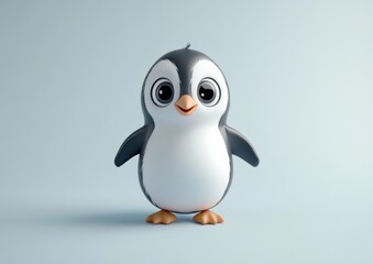 Naklejka premium Charming Penguin: An adorable penguin with big, expressive eyes stands poised against a soft, inviting backdrop, exuding friendliness and charm. Capturing the pure delight and cuteness.