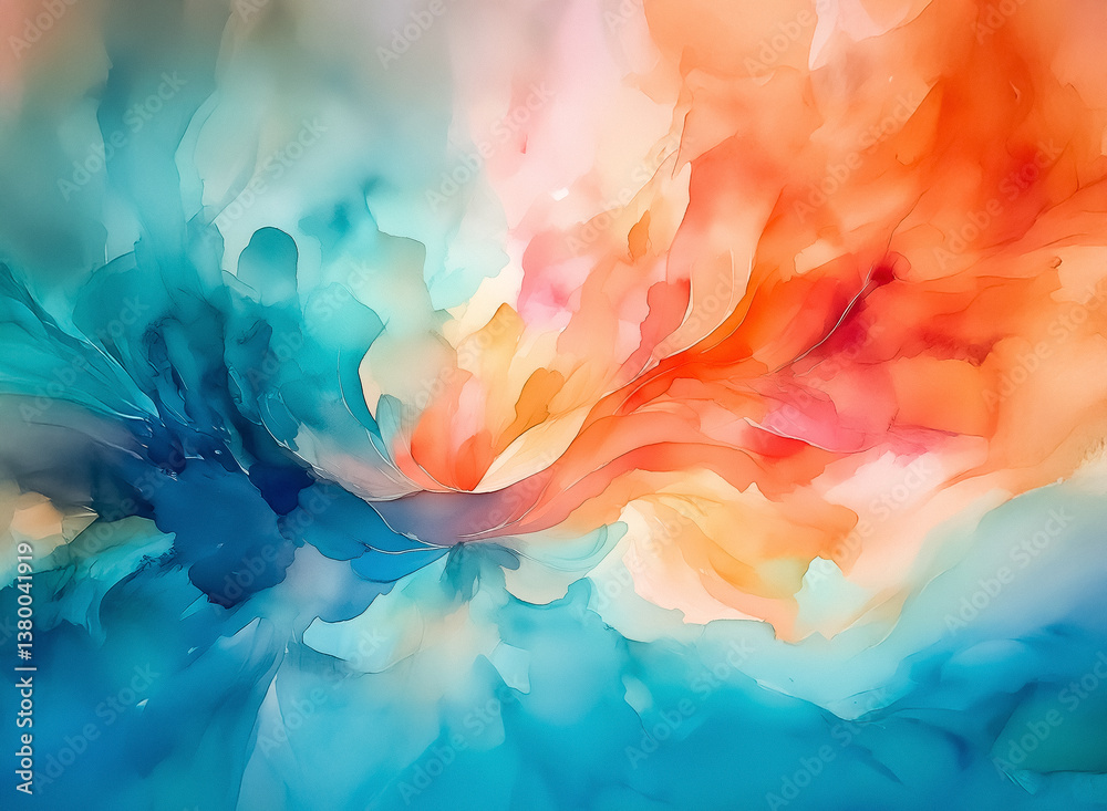 Poster an abstract watercolor painting features vibrant blends of orange and blue hues, creating a dynamic 