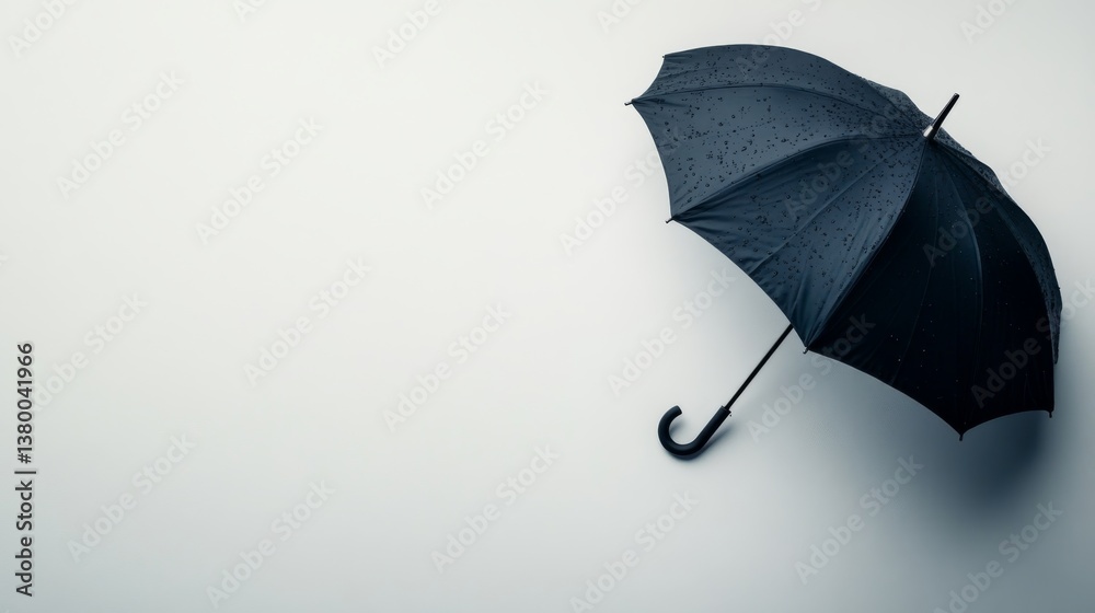 Poster close-up of a black umbrella with a curved handle placed on a white surface, highlighting its elegan