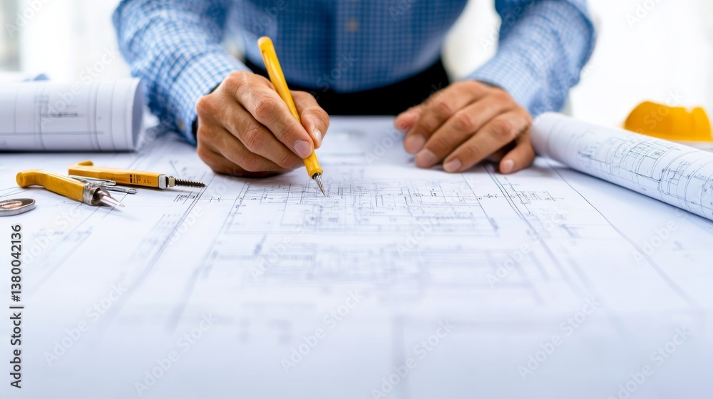 Aufkleber engineer analyzes structural designs on computer, surrounded by blueprints and tools in a bright ind