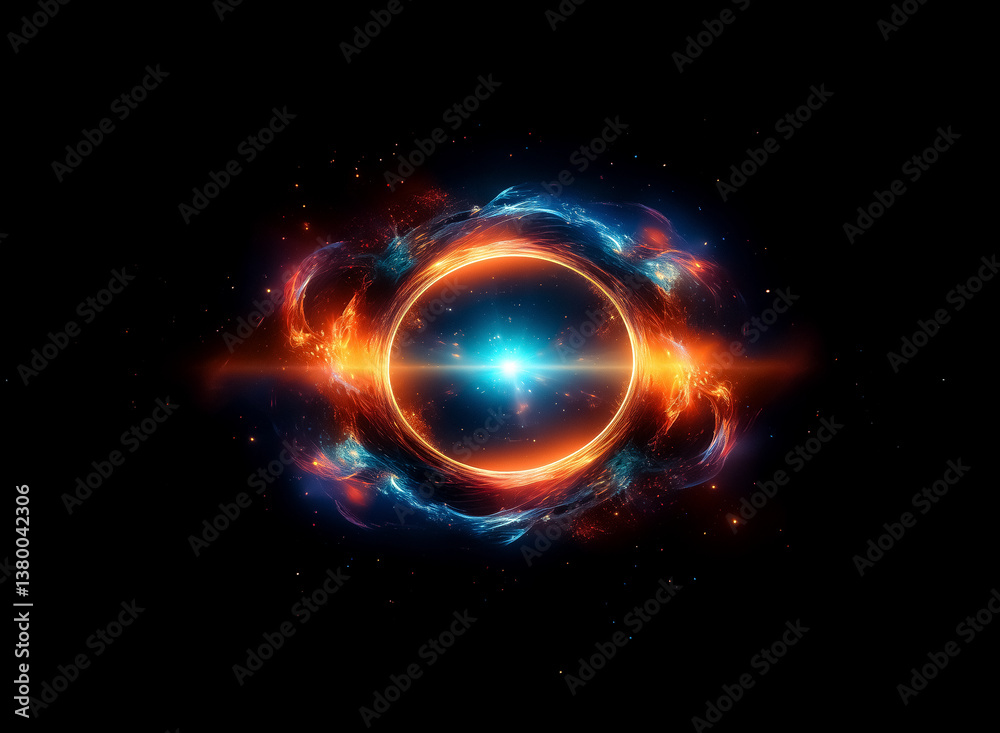 Aufkleber Abstract circular energy radiates with vibrant orange and blue colors against a stark black backdrop, creating a cosmic and dynamic visual effect.