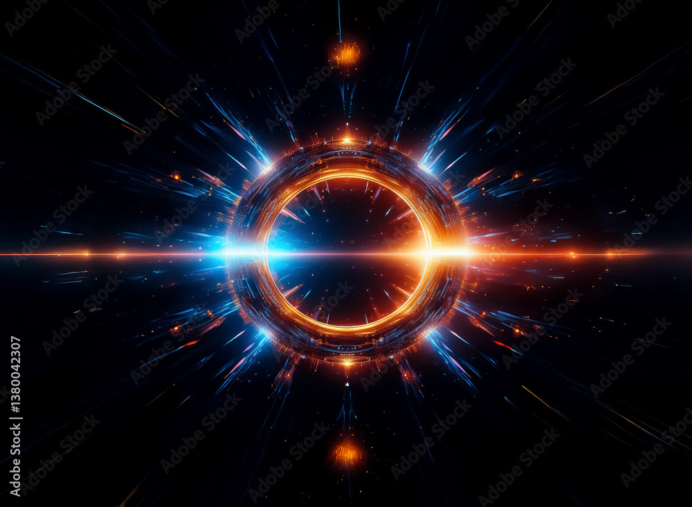 Poster A vibrant abstract image features a glowing circular portal with bursts of orange and blue light radiating against a dark cosmic backdrop, creating a dynamic and futuristic energy.