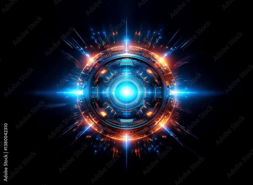 Poster a futuristic glowing circular object with vibrant blue and orange lights radiates energy against a b