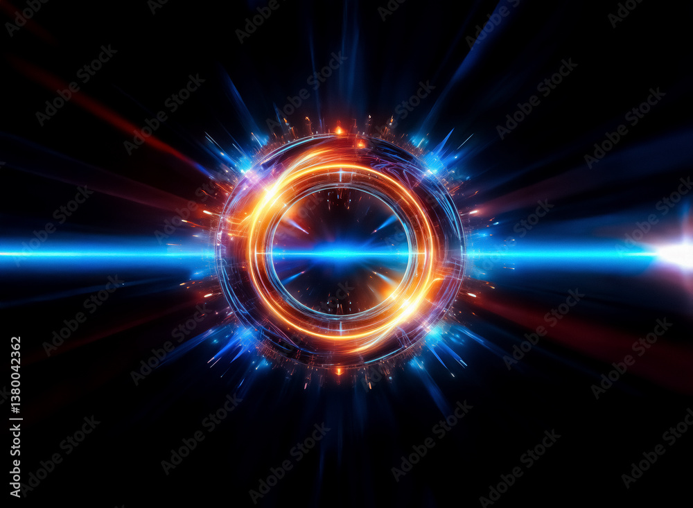 Poster a vibrant glowing circular design bursts with energy, showcasing orange and blue light streaks again