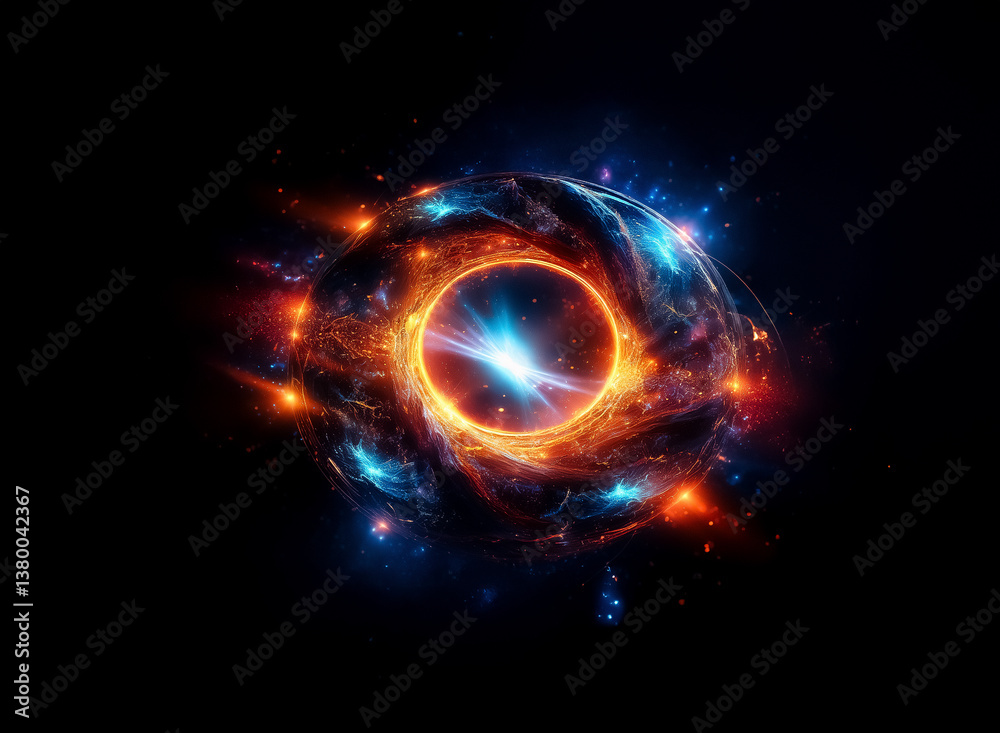 Poster vibrant energy swirls around a luminous core, creating an abstract glowing sphere. orange and blue h