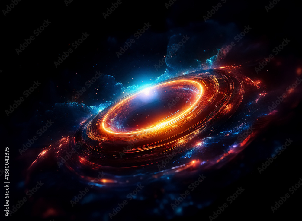 Poster vibrant cosmic scene featuring a swirling nebula with orange and blue hues against a dark backdrop, 