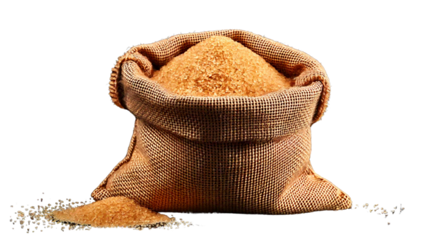 A beautiful Burlap sack filled with brown sugar isolated on a transparent background