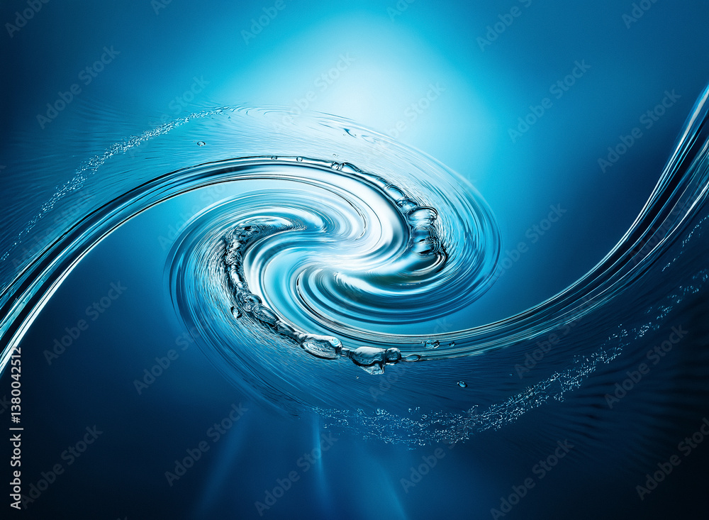 Poster swirling water creates a dynamic spiral against a gradient blue backdrop, showcasing fluid motion an