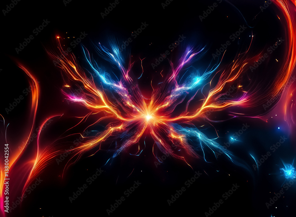 Aufkleber Vibrant energy streams from a bright center, illuminating the dark background.  Dynamic, colorful, abstract design with flowing lines and a fiery glow.