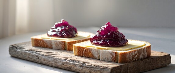 Sliced White Bread with Butter and Jam on Wooden Board.