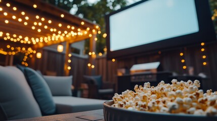 Experience a delightful backyard movie night with a projector screen illuminated by fairy lights, a plush seat, and a bowl of popcorn inviting guests to relax