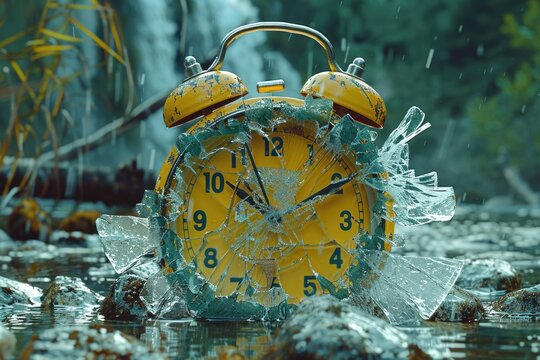 A broken yellow alarm clock submerged in a watery environment
