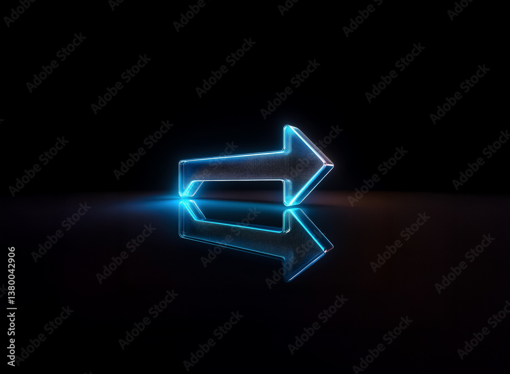 Poster Illuminated blue arrow pointing right, standing on a reflective dark surface with a black background. The light glows brightly creating a neon effect.