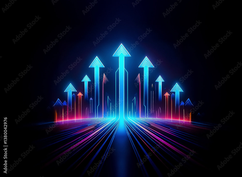 Aufkleber neon blue arrows ascend against a dark backdrop, illuminated with vibrant pink and blue lines sugges