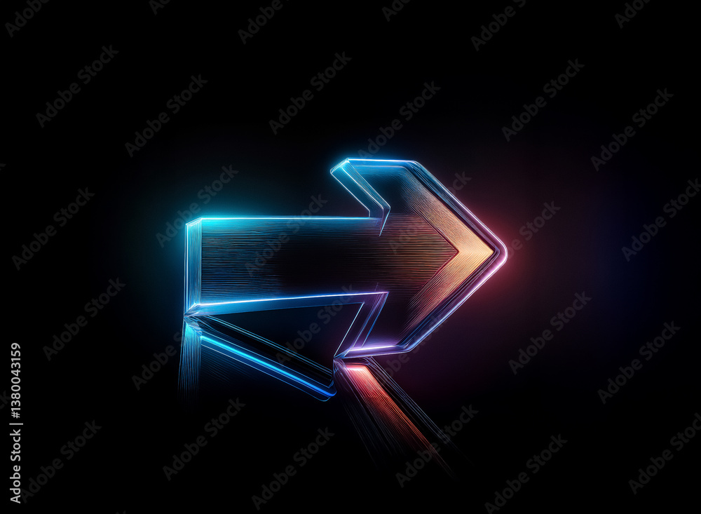 Aufkleber a glowing arrow, outlined in vibrant blue and orange light, points right against a stark black backg