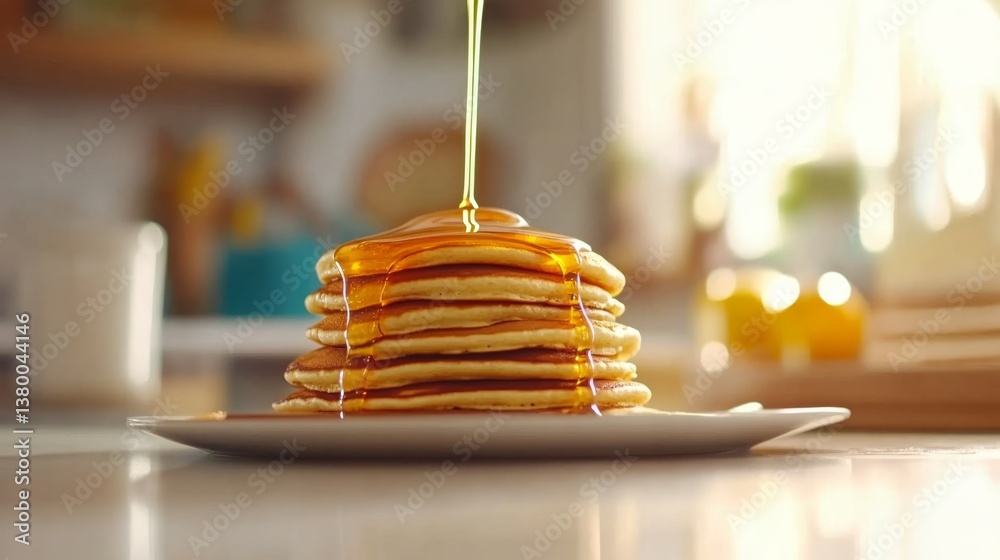 Poster fluffy pancakes are generously coated with golden syrup, creating a tempting swirl, set on a cozy br