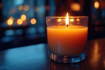 A burning candle illuminates a warm and inviting dimly lit space