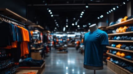 Naklejka premium A clothing store features a mannequin showcasing a bright blue T-shirt amidst a stylish layout with clean lines and simple decor, allowing for branding opportunities