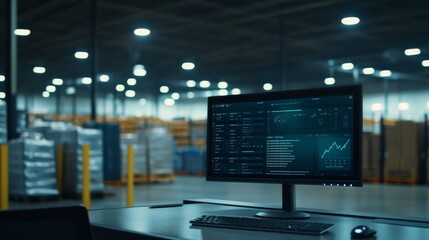 A computer monitor shows an inventory management dashboard on a cluttered warehouse desk, revealing rows of goods behind, with ample copy space on the right