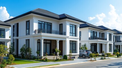 Modern suburban homes with landscaping and blue sky on a sunny day