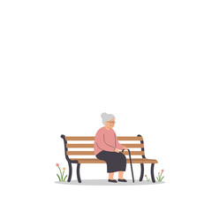 Elderly woman sitting on bench in peaceful park setting  