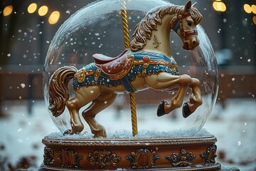 A carousel horse inside a snow globe surrounded by falling snowflakes