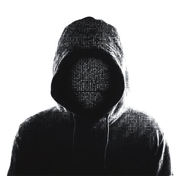 Mysterious hacker in hoodie with digital code isolated on transparent background.