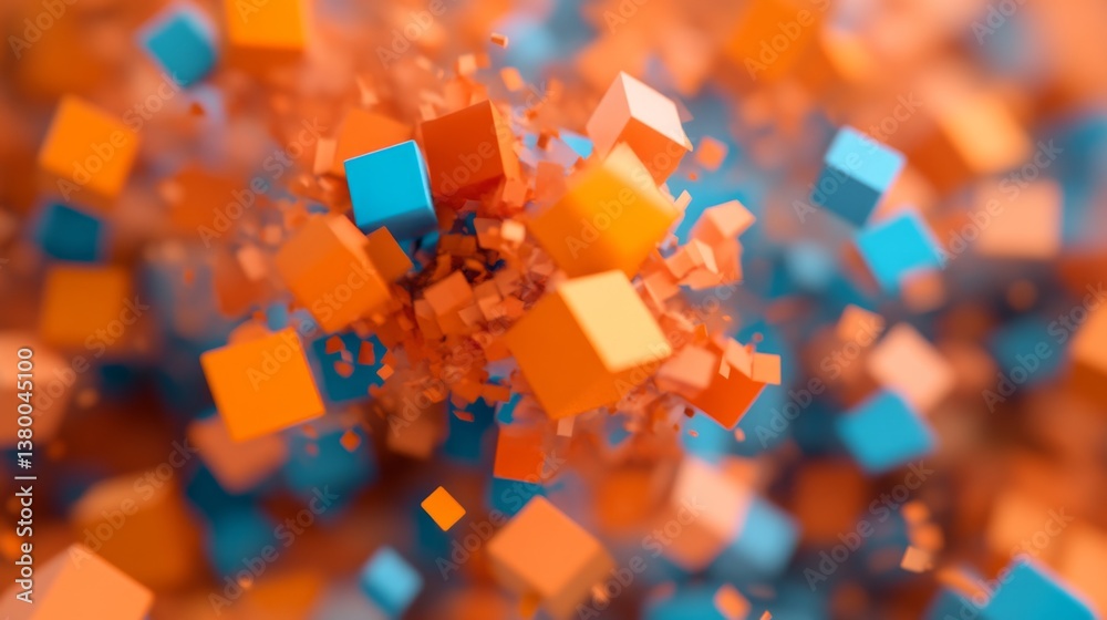 Poster Abstract 3D blocks in striking orange and blue create a vibrant visual experience, featuring a glowing line that divides the composition and adds depth