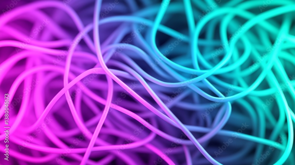 Poster Intersecting neon lines create an abstract representation of quantum computing, showcasing vibrant green and purple hues that signify its complexity and energy